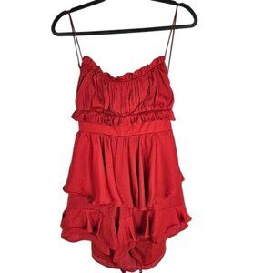 Saints + Secrets Red Romper Sz L‎ Ruffles Spaghetti Strap Silky Flowy Nightie